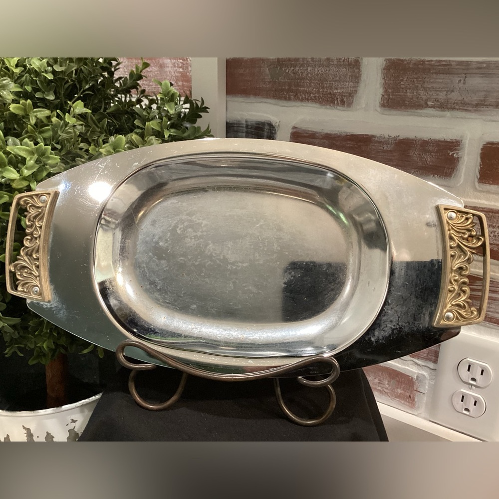 🟡 Vintage Silver Metal Kromex Serving Tray with Gold Metal Accent Handles